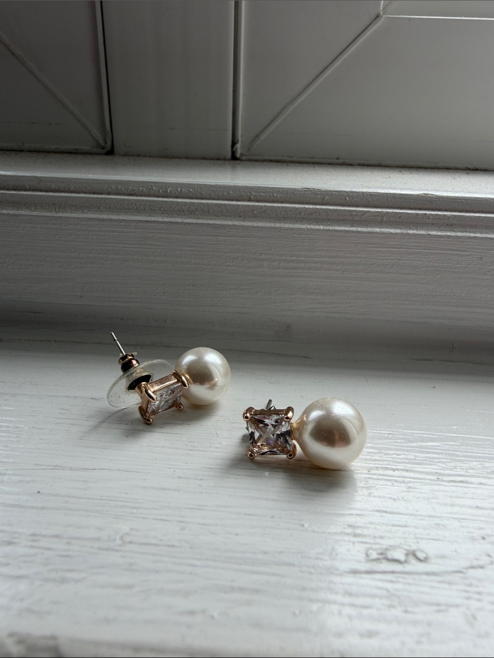 Pearl and Crystal Dual-Front Stud Earrings - Gold Tone